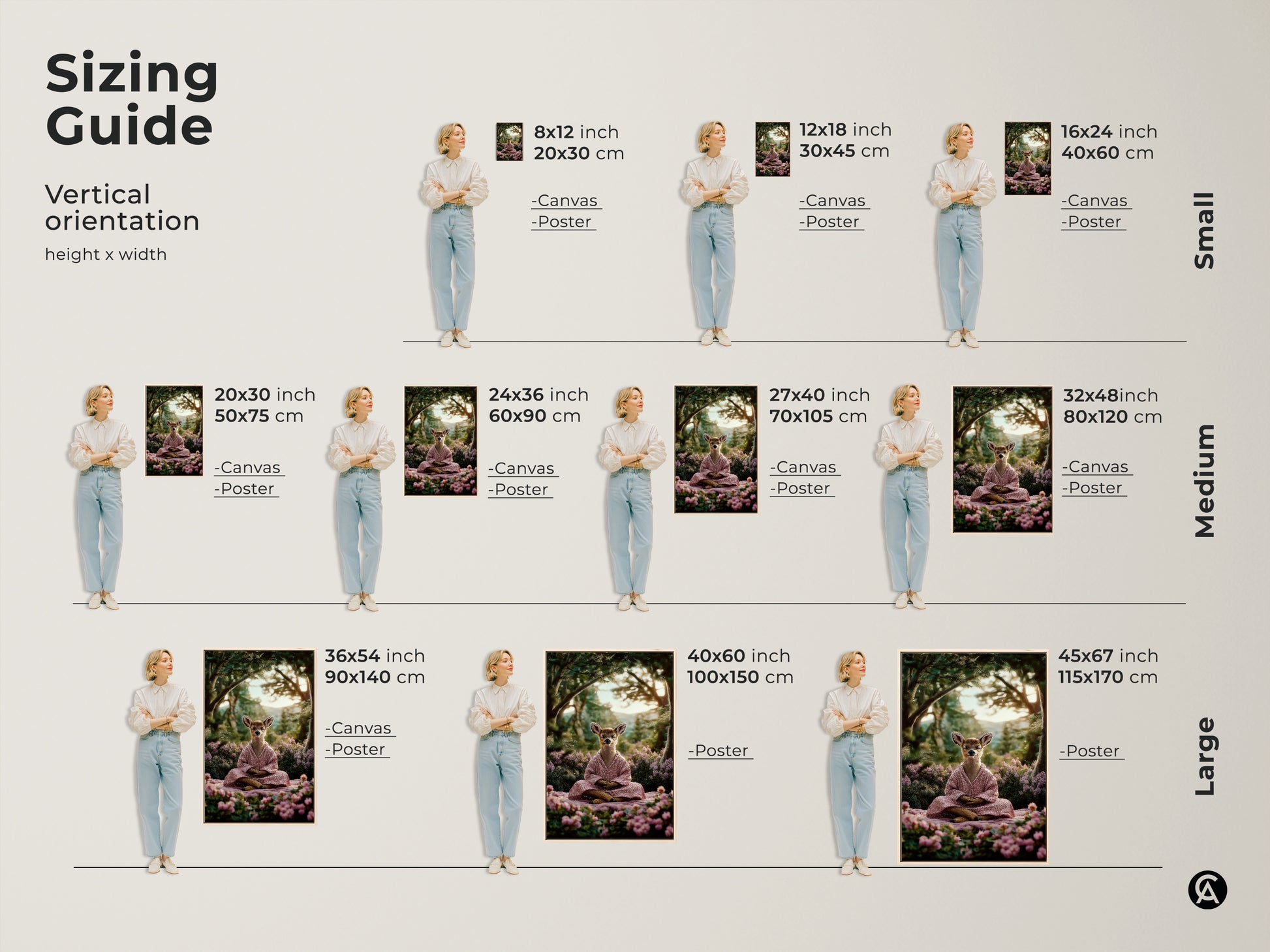 Sizing guide for spiritual nature wall art featuring a meditating deer. Available in canvas or poster options. Choose from small medium and large sizes. Find the ideal fit for your boho housewarming gift.