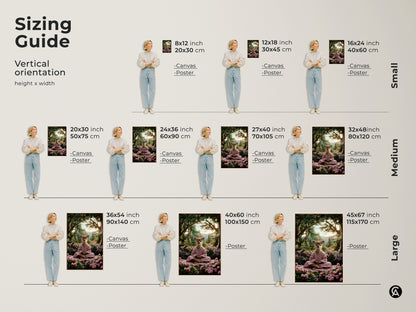 Sizing guide for spiritual nature wall art featuring a meditating deer. Available in canvas or poster options. Choose from small medium and large sizes. Find the ideal fit for your boho housewarming gift.