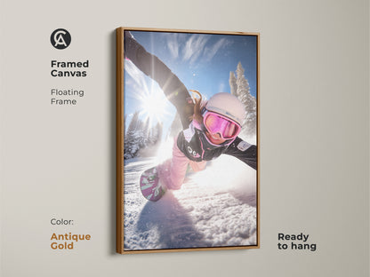 Framed canvas of a snowboarder in action. The antique gold floating frame adds elegance. This dynamic winter sports print is ready to hang. Great wall decor for snowboarder enthusiasts.