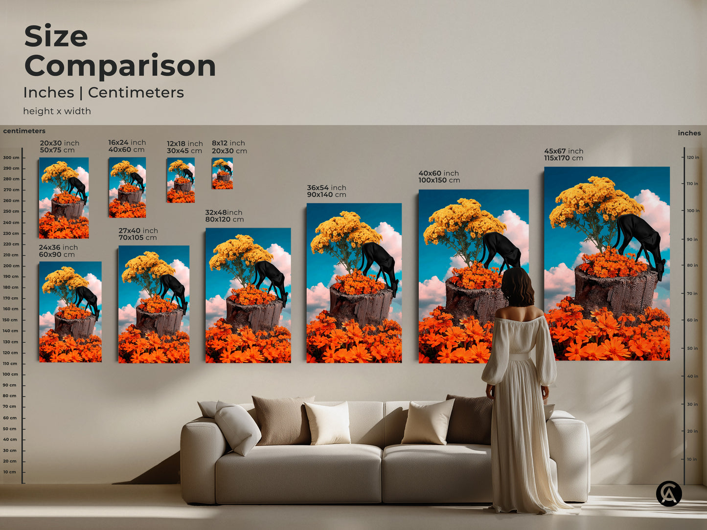 Compare sizes of this surreal black panther art. The fantasy nature collage suits any space from 8x12 to 45x67 inches. See how the eclectic floral wall decor with orange flowers and a yellow tree enhances your living room. Choose the ideal size for your home.