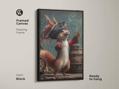 Enhance your home bar with this framed canvas art of a pirate squirrel. The whimsical poster comes with a floating black frame and is ready to hang. This eclectic animal wall decor adds a touch of fantasy to any space. It is a great gift for rum enthusiasts and quirky art collectors.