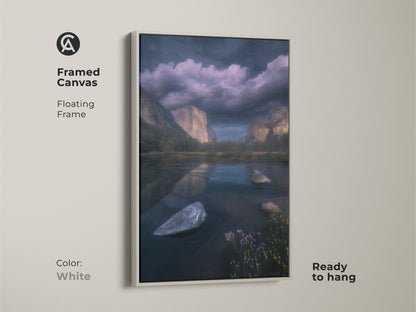 White framed canvas of El Capitan and Merced River Yosemite. A floating frame enhances this dark blue mountain landscape art. Ready to hang nature wall art for modern natural wall art. This photorealistic artwork is an excellent addition to your wall decor.