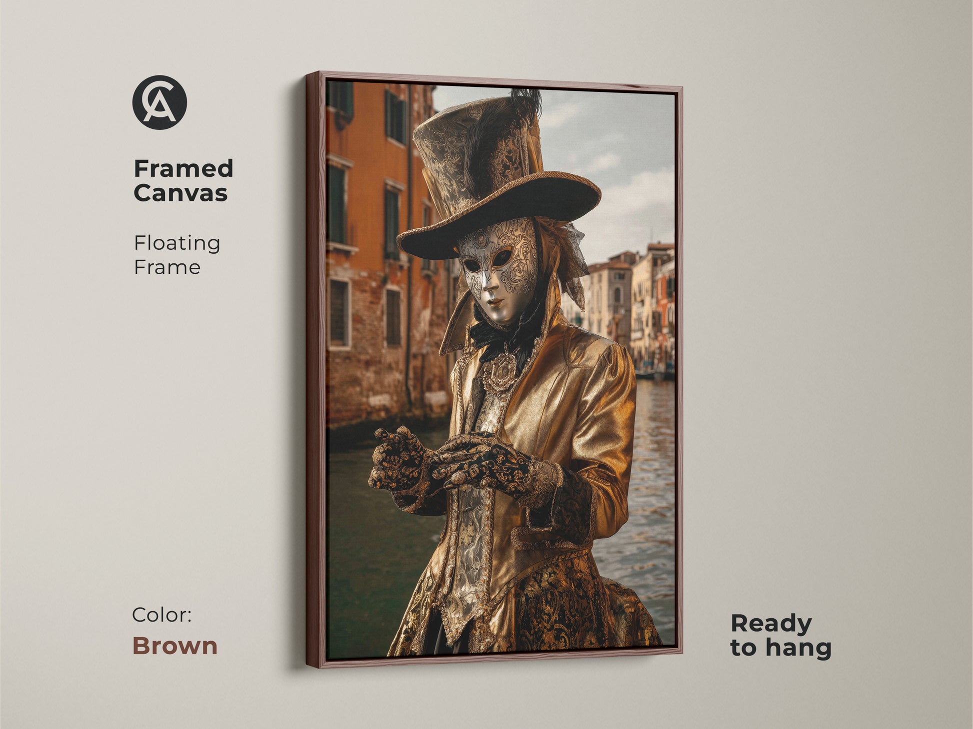 Framed in brown this canvas features gold theatrical costume art from Venice Carnival. The Venetian mask adds drama to the artwork. Ready to hang this adds an eclectic touch. A unique travel gift idea.