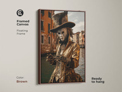 Framed in brown this canvas features gold theatrical costume art from Venice Carnival. The Venetian mask adds drama to the artwork. Ready to hang this adds an eclectic touch. A unique travel gift idea.