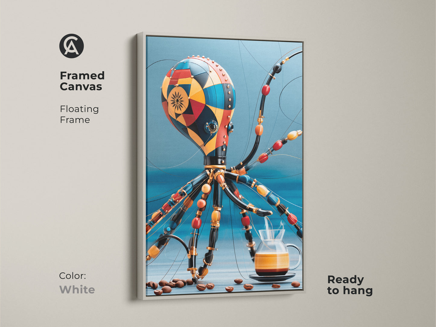 A framed canvas Steampunk Octopus artwork in a white floating frame. The piece is surreal coffee art. It makes great octopus wall art for a Kitchen. Perfect as a gift idea for coffee lovers. Complements eclectic cafe decor. The red orange and blue colors make this art pop.