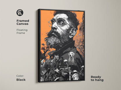 A framed canvas art piece featuring a bearded man with glasses. The art includes two dogs and a motorcycle. The frame is a floating frame in black. This framed art is ready to hang with an orange background.