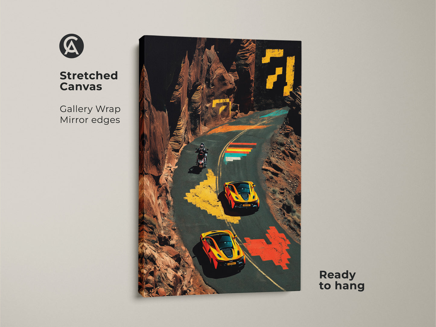 Check out this stretched canvas art of sports cars and a motorcycle on a winding road. The pixel art wall decor has mirror edges and is ready to hang. The orange and yellow tones bring a dynamic feel to any space. This automotive themed artwork is ideal for a man cave or a car enthusiast's collection.
