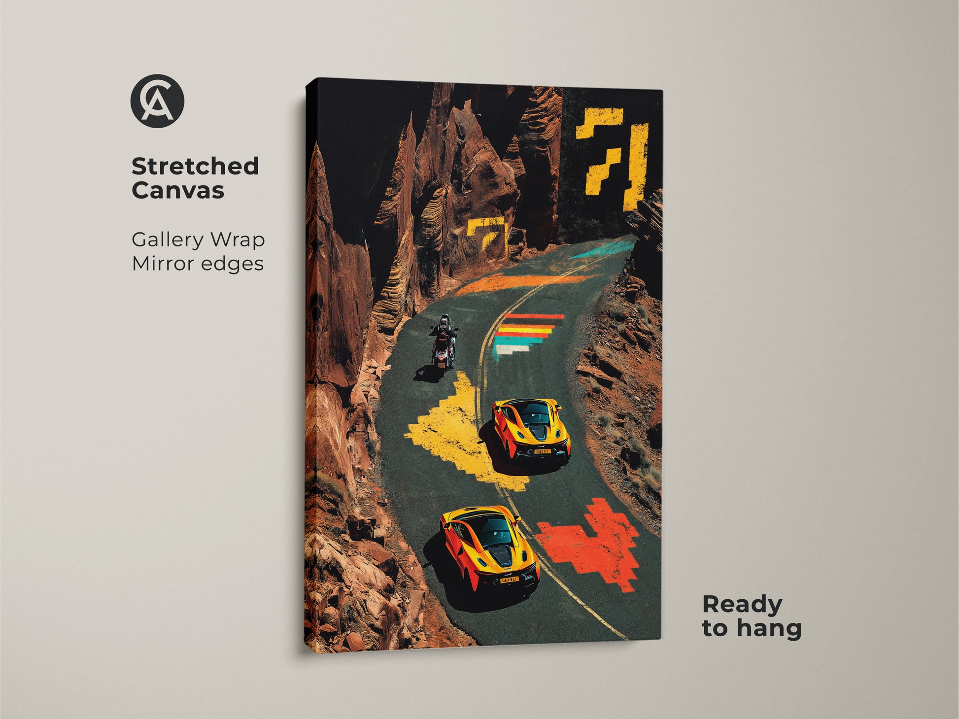 Check out this stretched canvas art of sports cars and a motorcycle on a winding road. The pixel art wall decor has mirror edges and is ready to hang. The orange and yellow tones bring a dynamic feel to any space. This automotive themed artwork is ideal for a man cave or a car enthusiast's collection.