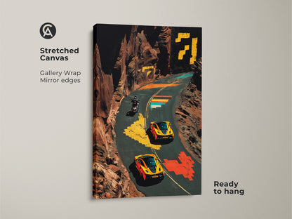 Check out this stretched canvas art of sports cars and a motorcycle on a winding road. The pixel art wall decor has mirror edges and is ready to hang. The orange and yellow tones bring a dynamic feel to any space. This automotive themed artwork is ideal for a man cave or a car enthusiast's collection.