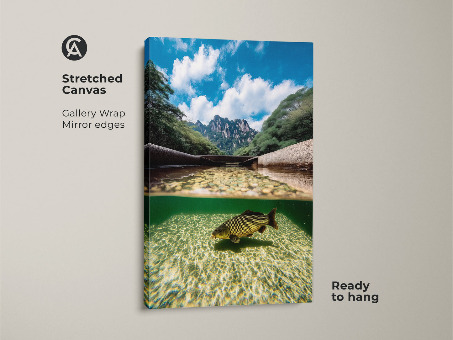 Stretched canvas featuring gallery wrapped edges. This split view art shows a carp underwater with mountains above. The realistic wildlife art is ready to hang adding a modern nature aesthetic to any space. Perfect as a fisherman gift or for nature lovers.