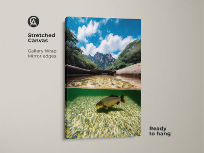 Stretched canvas featuring gallery wrapped edges. This split view art shows a carp underwater with mountains above. The realistic wildlife art is ready to hang adding a modern nature aesthetic to any space. Perfect as a fisherman gift or for nature lovers.