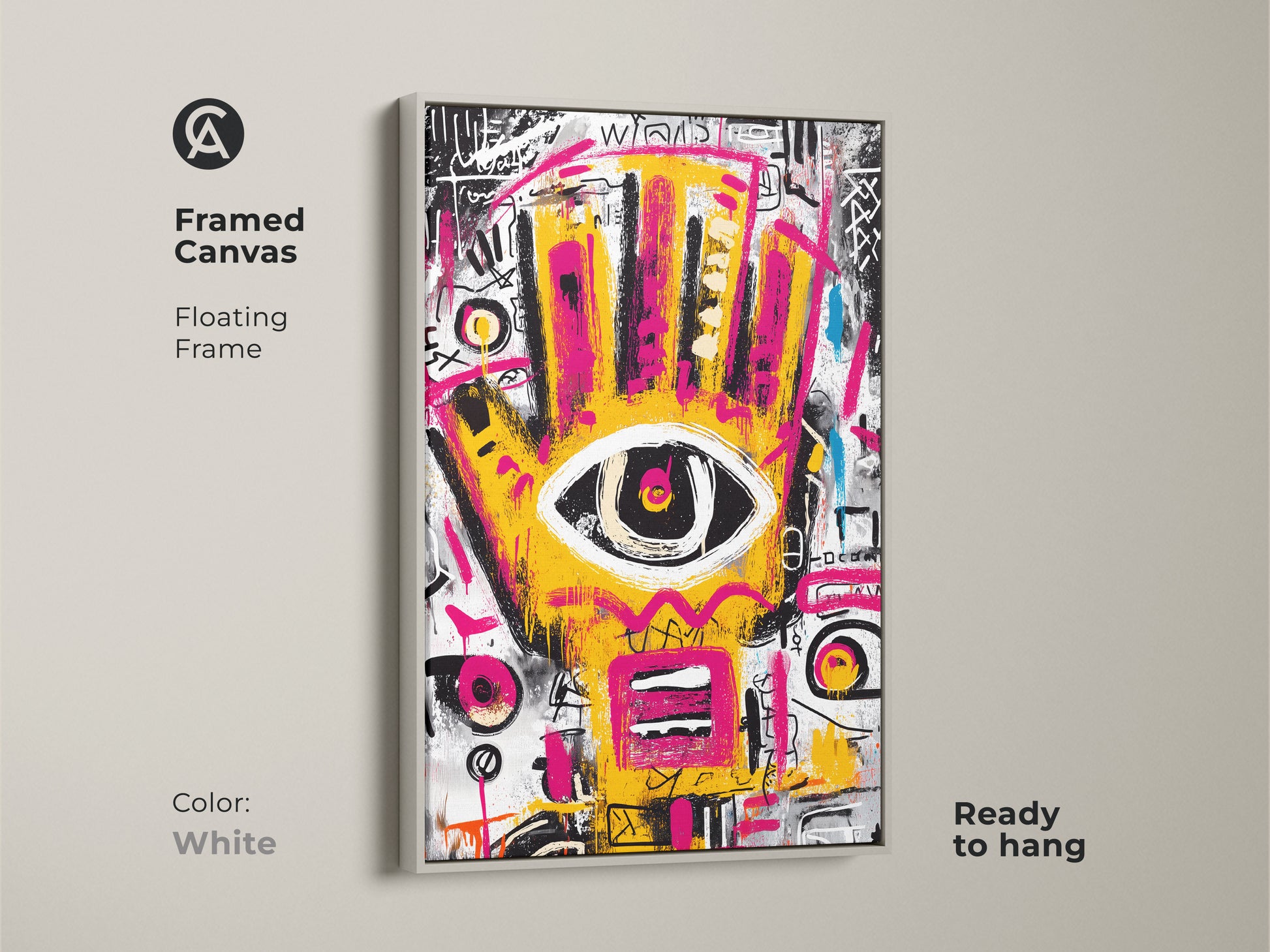 White framed canvas of abstract artwork. The clean white frame highlights the yellow and pink hand with an eye. This modern art is ready to hang. A stylish choice for any contemporary space.