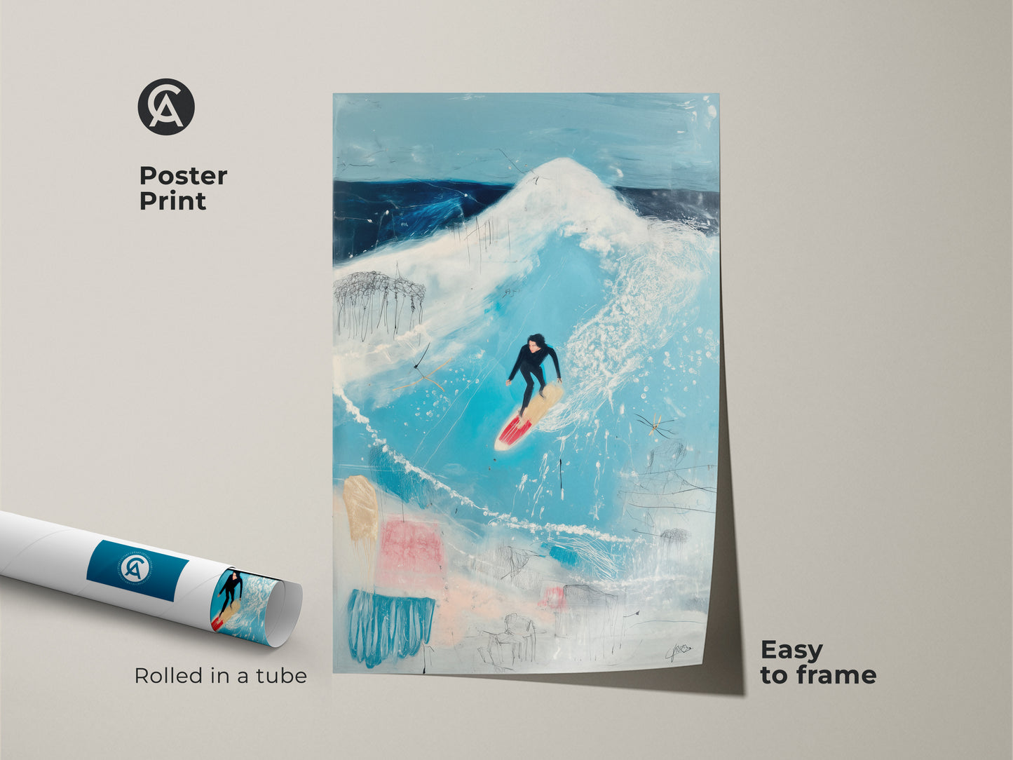A framed canvas shows ocean wave art with a surfer. This modern artwork features a floating frame. The abstract surfing art print adds a contemporary touch to your space. It's ideal beach house wall decor with a black frame.