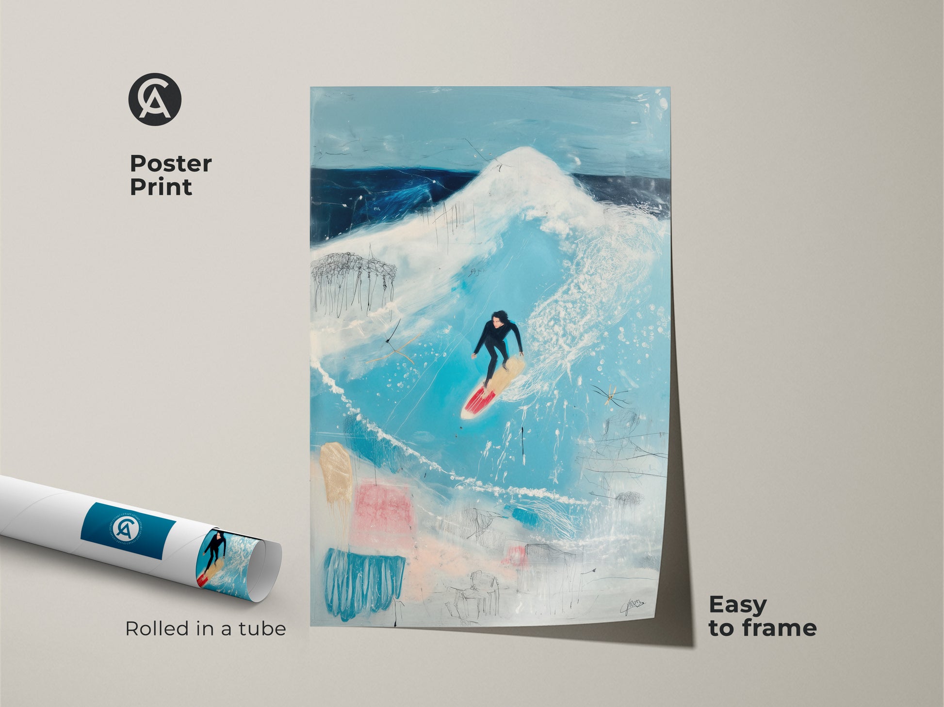 A framed canvas shows ocean wave art with a surfer. This modern artwork features a floating frame. The abstract surfing art print adds a contemporary touch to your space. It's ideal beach house wall decor with a black frame.