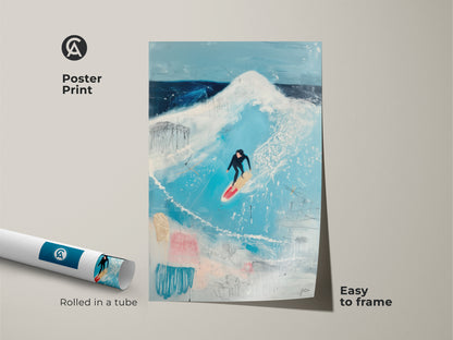 A framed canvas shows ocean wave art with a surfer. This modern artwork features a floating frame. The abstract surfing art print adds a contemporary touch to your space. It's ideal beach house wall decor with a black frame.