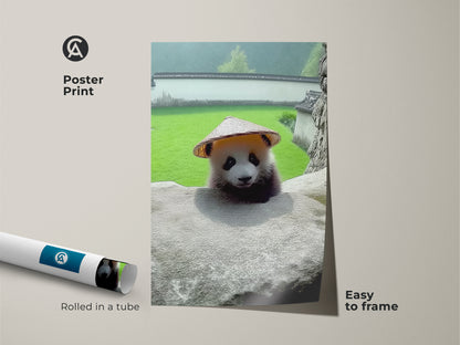 Poster Print of Panda With Hat Canvas Art. This Baby Panda Wall Art is perfect as cute nursery decor. It is photorealistic animal artwork. An Asian culture inspired art conical hat panda poster.