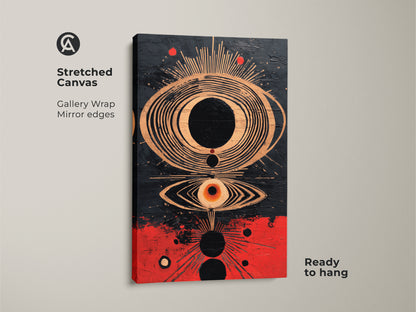 Stretched canvas of abstract eye wall art. This gallery wrap features mirror edges. It showcases a crimson copper and black sunburst motif. Ready to hang this spiritual artwork enhances any modern eclectic home decor.