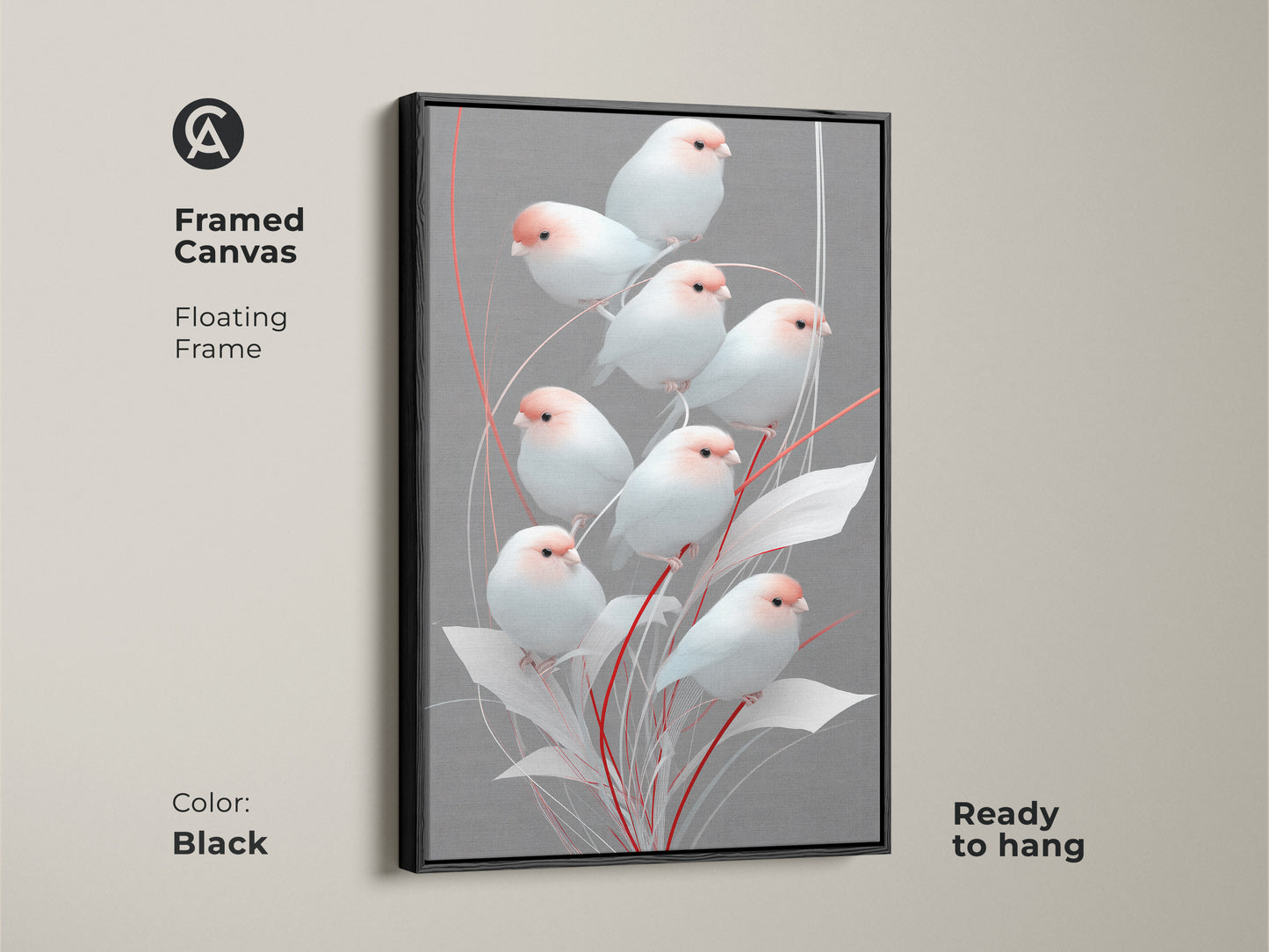 Black framed canvas featuring minimalist finch art. The floating frame enhances the gray and pink botanical artwork. Modern folk art decor is ready to hang. Scandinavian bird print adds a touch of nature to any space making it a thoughtful housewarming gift for bird lovers. A peaceful bedroom art piece.