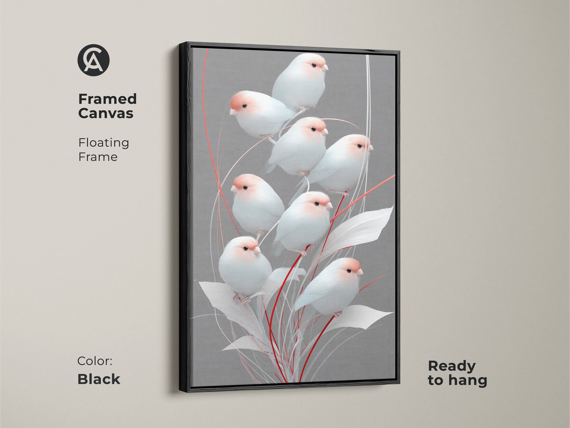 Black framed canvas featuring minimalist finch art. The floating frame enhances the gray and pink botanical artwork. Modern folk art decor is ready to hang. Scandinavian bird print adds a touch of nature to any space making it a thoughtful housewarming gift for bird lovers. A peaceful bedroom art piece.