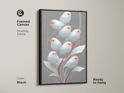 Black framed canvas featuring minimalist finch art. The floating frame enhances the gray and pink botanical artwork. Modern folk art decor is ready to hang. Scandinavian bird print adds a touch of nature to any space making it a thoughtful housewarming gift for bird lovers. A peaceful bedroom art piece.