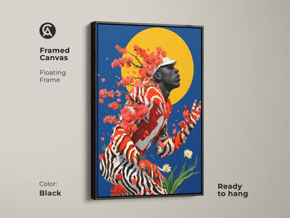 Framed canvas in black with a floating frame showcases surreal portrait wall art. The contemporary artwork features a man with cherry blossoms and a blue and yellow sun backdrop. The red orange and blue palette provides modern art for any room and is ready to hang.