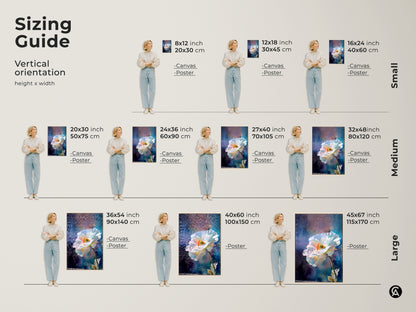 Sizing Guide for White Poppy Art Print in vertical orientation. Visualize different sizes of canvas and poster prints with a model. Find the perfect fit for your space from small medium and large options. Enhance your home decor today.