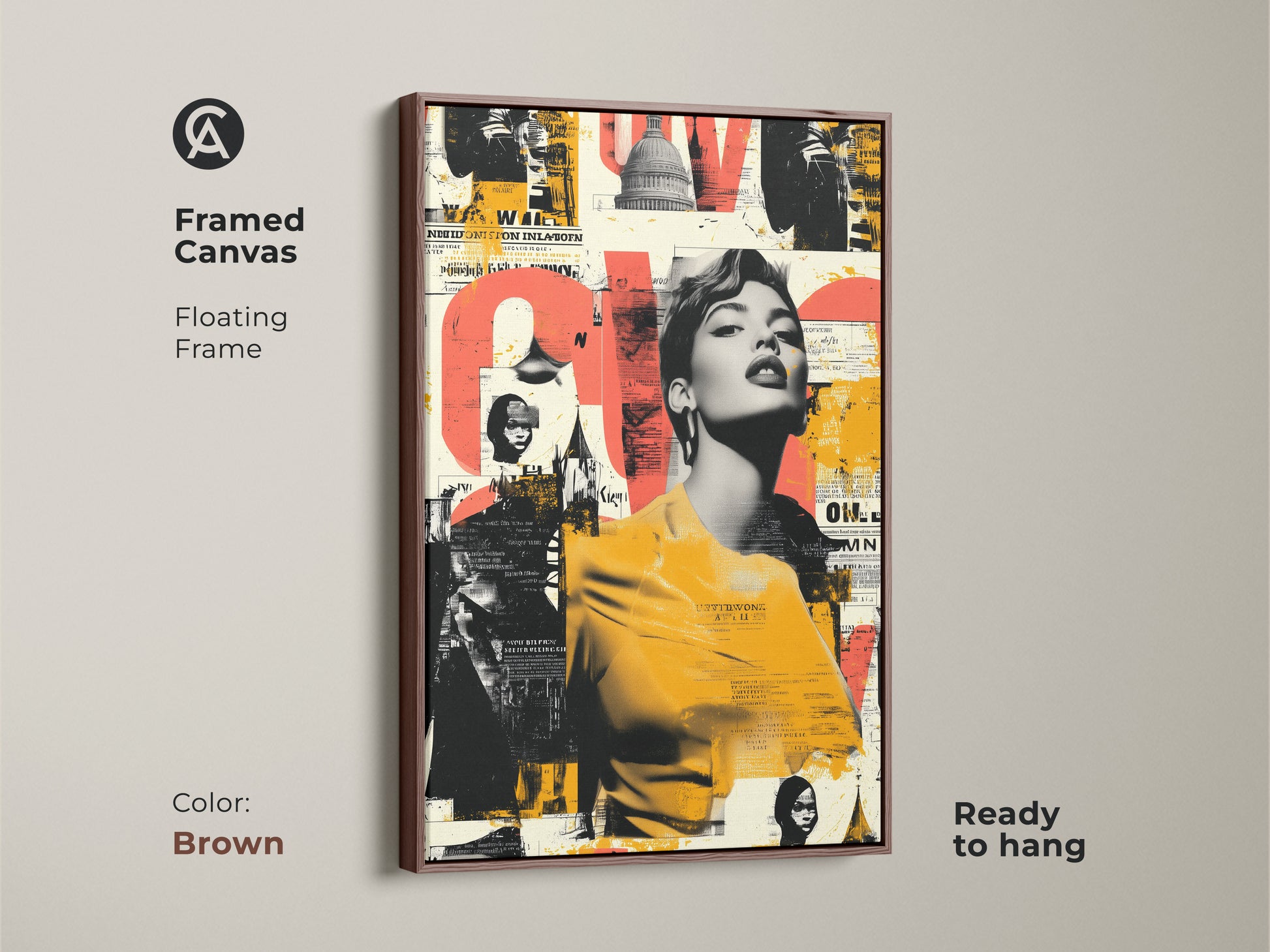 Brown framed canvas with a floating frame featuring a retro woman portrait artwork with urban collage elements. The piece includes vintage text and the Capitol Building. Perfect for adding a retro touch to your home office. This high-contrast artwork is a unique art print gift.