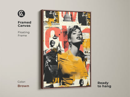 Brown framed canvas with a floating frame featuring a retro woman portrait artwork with urban collage elements. The piece includes vintage text and the Capitol Building. Perfect for adding a retro touch to your home office. This high-contrast artwork is a unique art print gift.