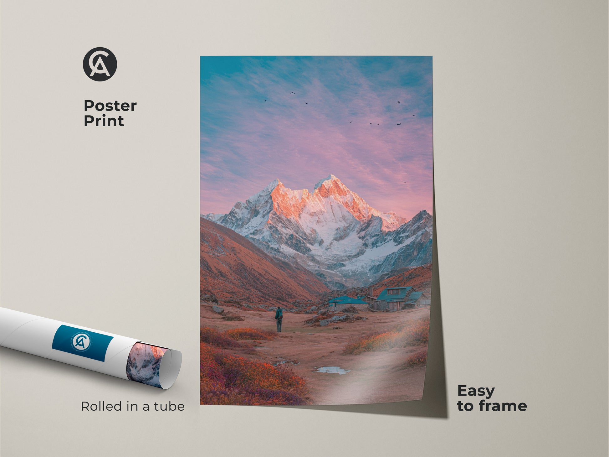 Poster print of a mountain landscape. The mountain scene features a vibrant sky. A lone hiker gazes at the towering peak. This museum-quality poster is easy to frame. A great way to bring the beauty of the mountains into your home with mountain artwork.