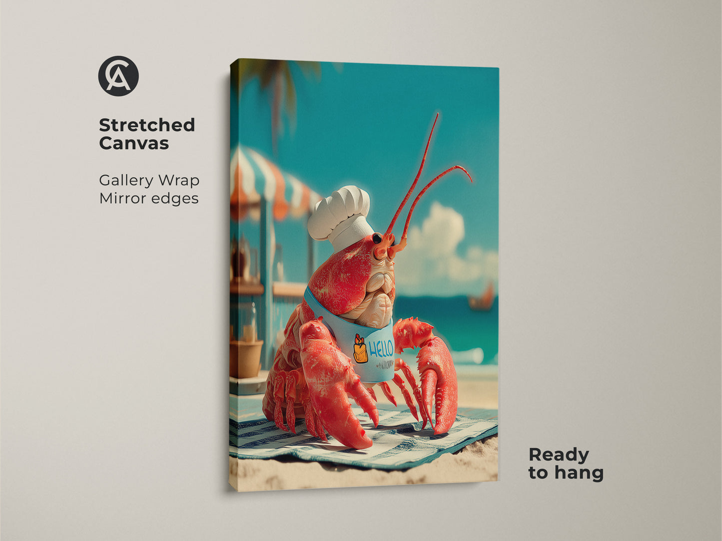 Stretched canvas print of a lobster chef on a beach. This gallery-wrapped artwork features mirror edges. It shows a red lobster wearing a chef's hat and apron. This canvas art is ready to hang and adds a whimsical touch to your home decor.