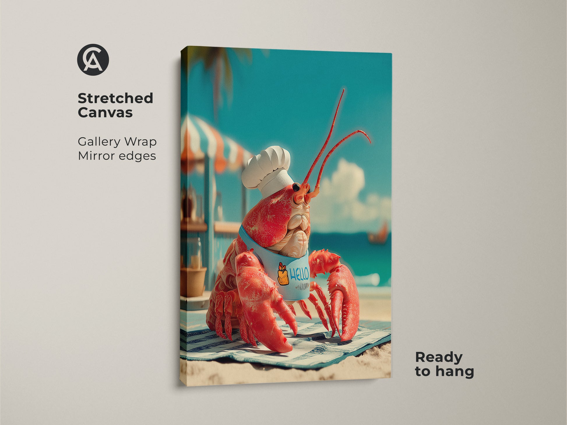 Stretched canvas print of a lobster chef on a beach. This gallery-wrapped artwork features mirror edges. It shows a red lobster wearing a chef's hat and apron. This canvas art is ready to hang and adds a whimsical touch to your home decor.