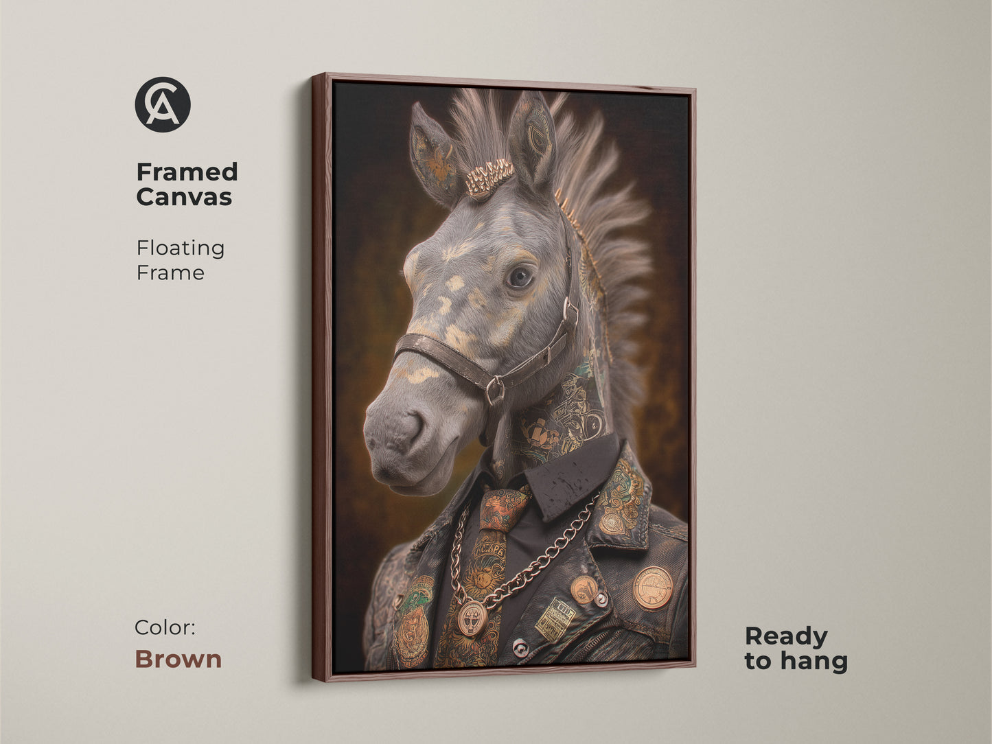 Framed canvas in brown showcasing a Steampunk Tattooed Horse. The unique fantasy art adds an edgy focal point. Ideal as a gift for horse lovers or admirers of alternative artwork. This is versatile wall decor for those who appreciate unusual animal artwork. The gold brown tones add warmth to any room. Ready to hang.