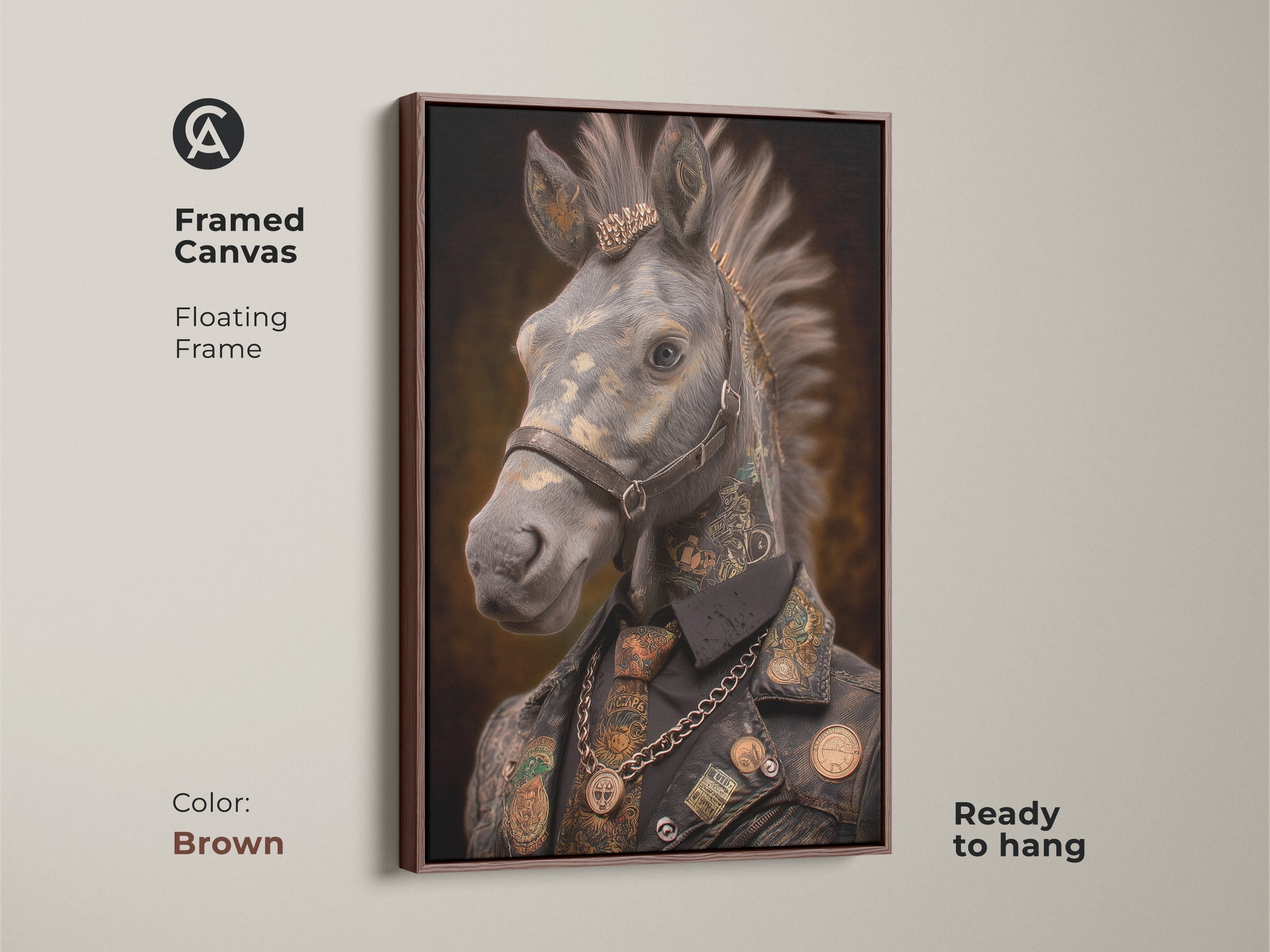 Framed canvas in brown showcasing a Steampunk Tattooed Horse. The unique fantasy art adds an edgy focal point. Ideal as a gift for horse lovers or admirers of alternative artwork. This is versatile wall decor for those who appreciate unusual animal artwork. The gold brown tones add warmth to any room. Ready to hang.