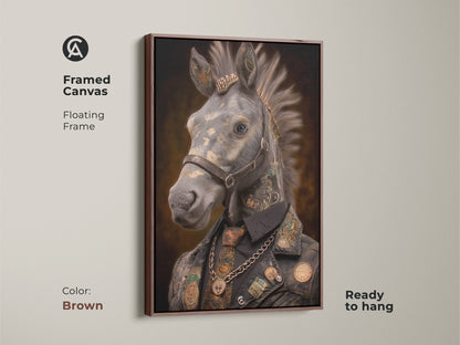 Framed canvas in brown showcasing a Steampunk Tattooed Horse. The unique fantasy art adds an edgy focal point. Ideal as a gift for horse lovers or admirers of alternative artwork. This is versatile wall decor for those who appreciate unusual animal artwork. The gold brown tones add warmth to any room. Ready to hang.