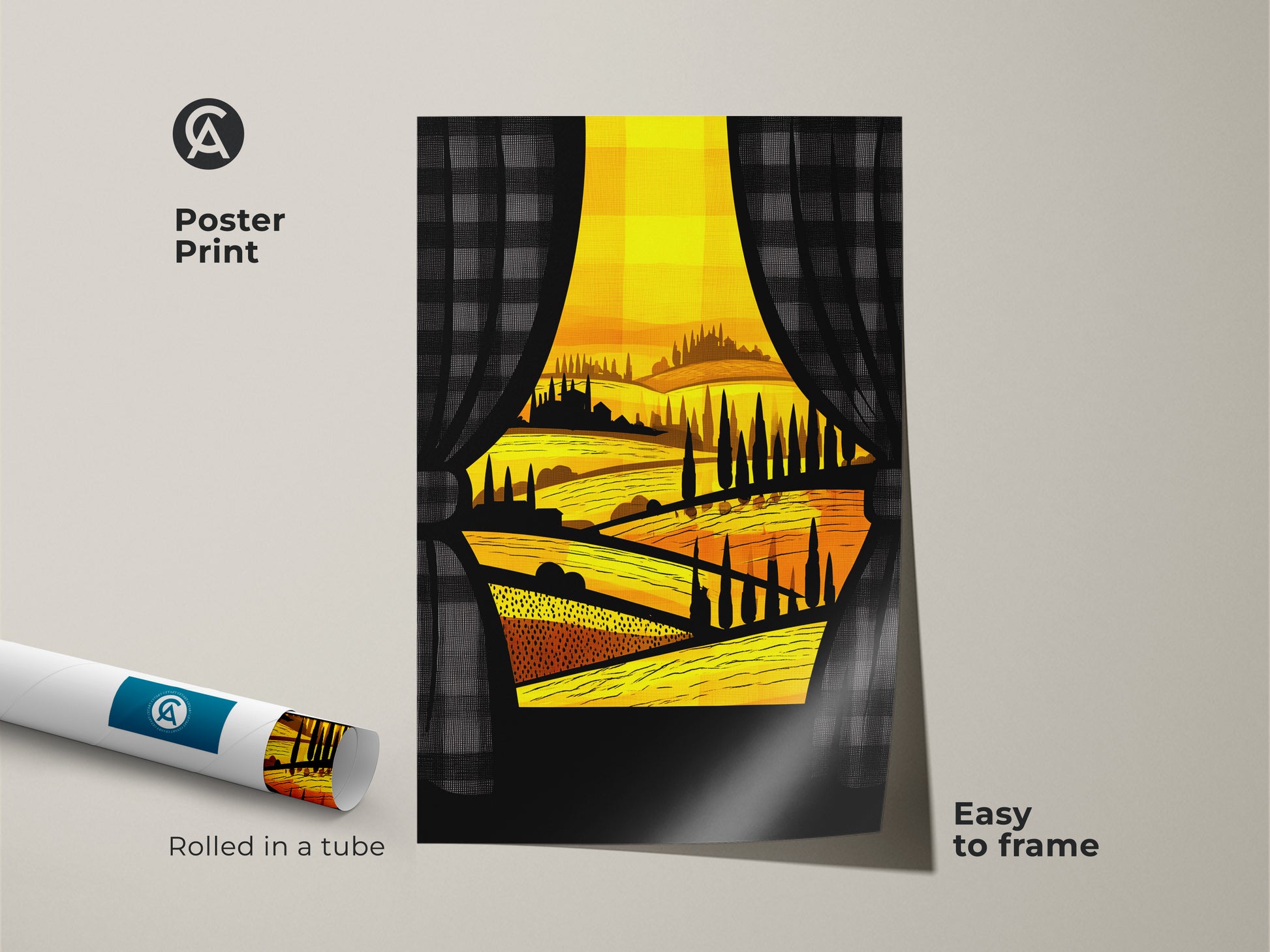 Poster print of a stylized Tuscan landscape art showing rolling golden hills and a village. The artwork comes rolled in a tube and is easy to frame. This yellow and gold modern folk art will be a perfect housewarming gift for travel enthusiasts.