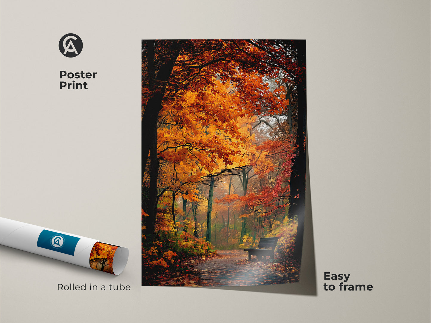 Poster print of a forest in autumn colors. This museum-quality paper shows a vibrant fall scene. The art is rolled in a tube for protection. It is easy to frame and display.