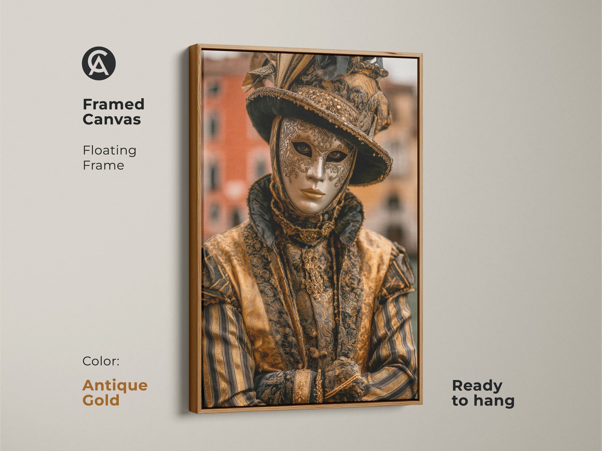 Antique Gold framed canvas Venice Carnival Mask artwork. The artwork features a person wearing a traditional gold mask and costume. It adds an elegant touch to any room. This framed canvas is ready to hang.