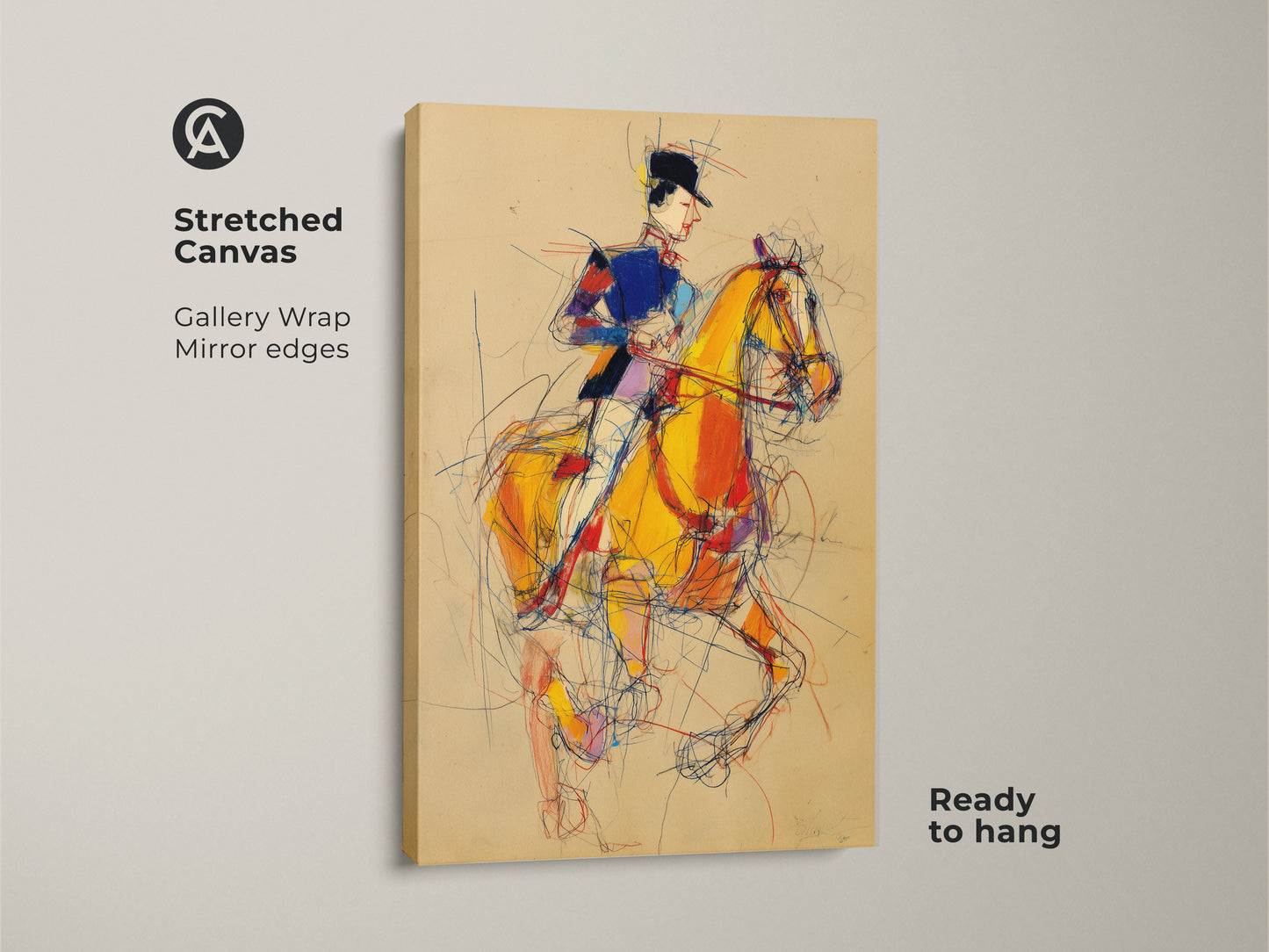 Stretched Canvas Print with a horse rider. The gallery wrap and mirror edges create a clean look. This ready to hang artwork features an expressionist horse in yellow blue and red. Perfect wall decor for equestrian enthusiasts.