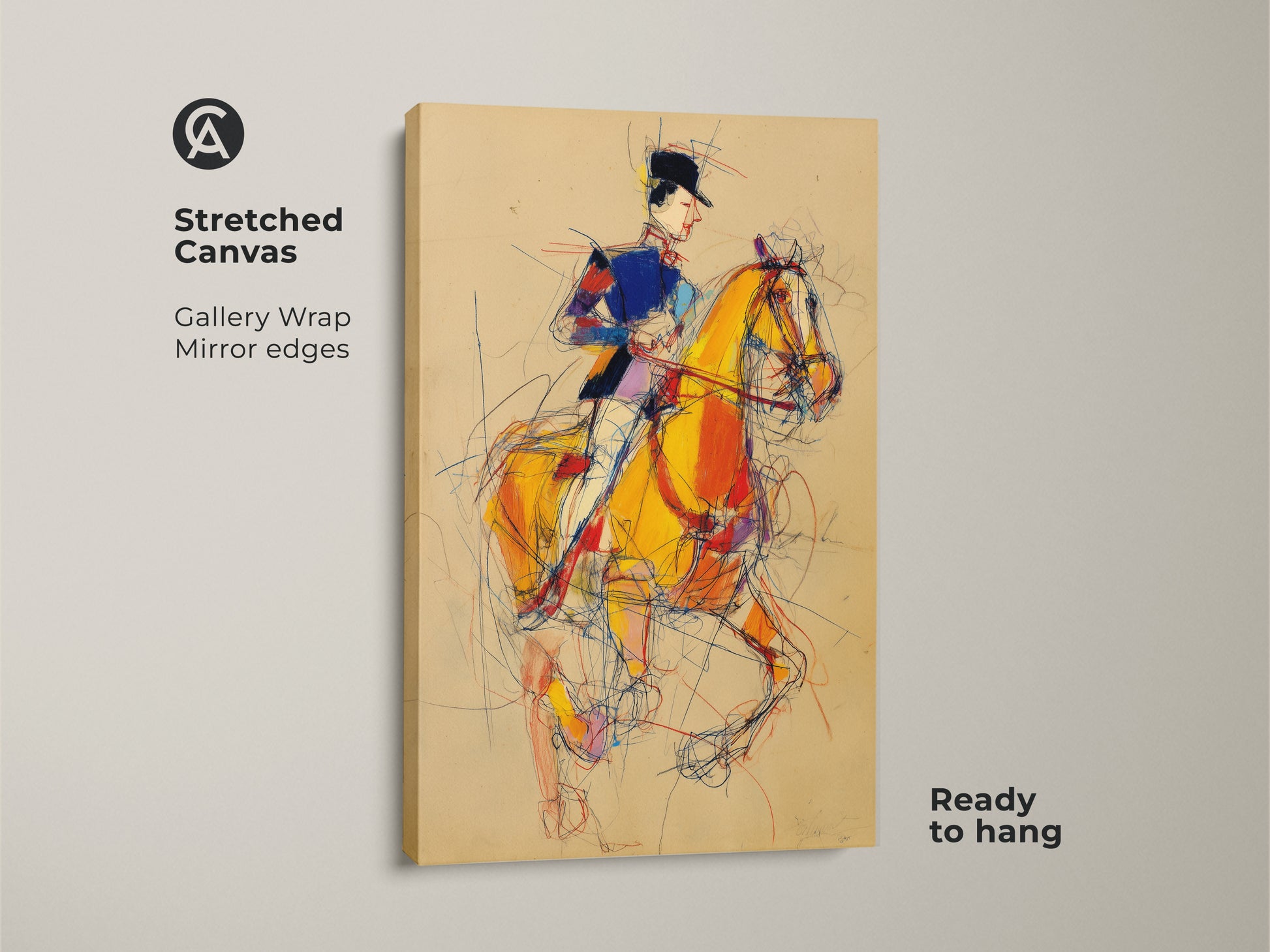 Stretched Canvas Print with a horse rider. The gallery wrap and mirror edges create a clean look. This ready to hang artwork features an expressionist horse in yellow blue and red. Perfect wall decor for equestrian enthusiasts.