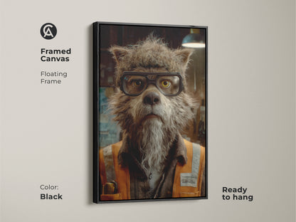 Framed canvas of a gothic wolf portrait art in a black floating frame. Ready to hang this dark academia wolf wall art adds eclectic style. This unique animal print is perfect for study room wolf decor. Artistic animal portrait for home office inspiration.