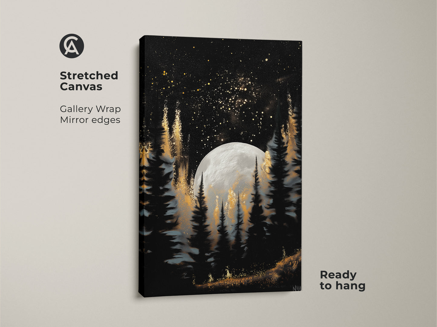Discover our celestial night sky art on a stretched canvas. The moonlit pine forest artwork is gallery-wrapped with mirrored edges. It's ready to hang and showcases gold star clusters. This dark academia bedroom art adds an enchanting touch. It is ideal for lovers of fantasy and stargazing.