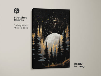 Discover our celestial night sky art on a stretched canvas. The moonlit pine forest artwork is gallery-wrapped with mirrored edges. It's ready to hang and showcases gold star clusters. This dark academia bedroom art adds an enchanting touch. It is ideal for lovers of fantasy and stargazing.