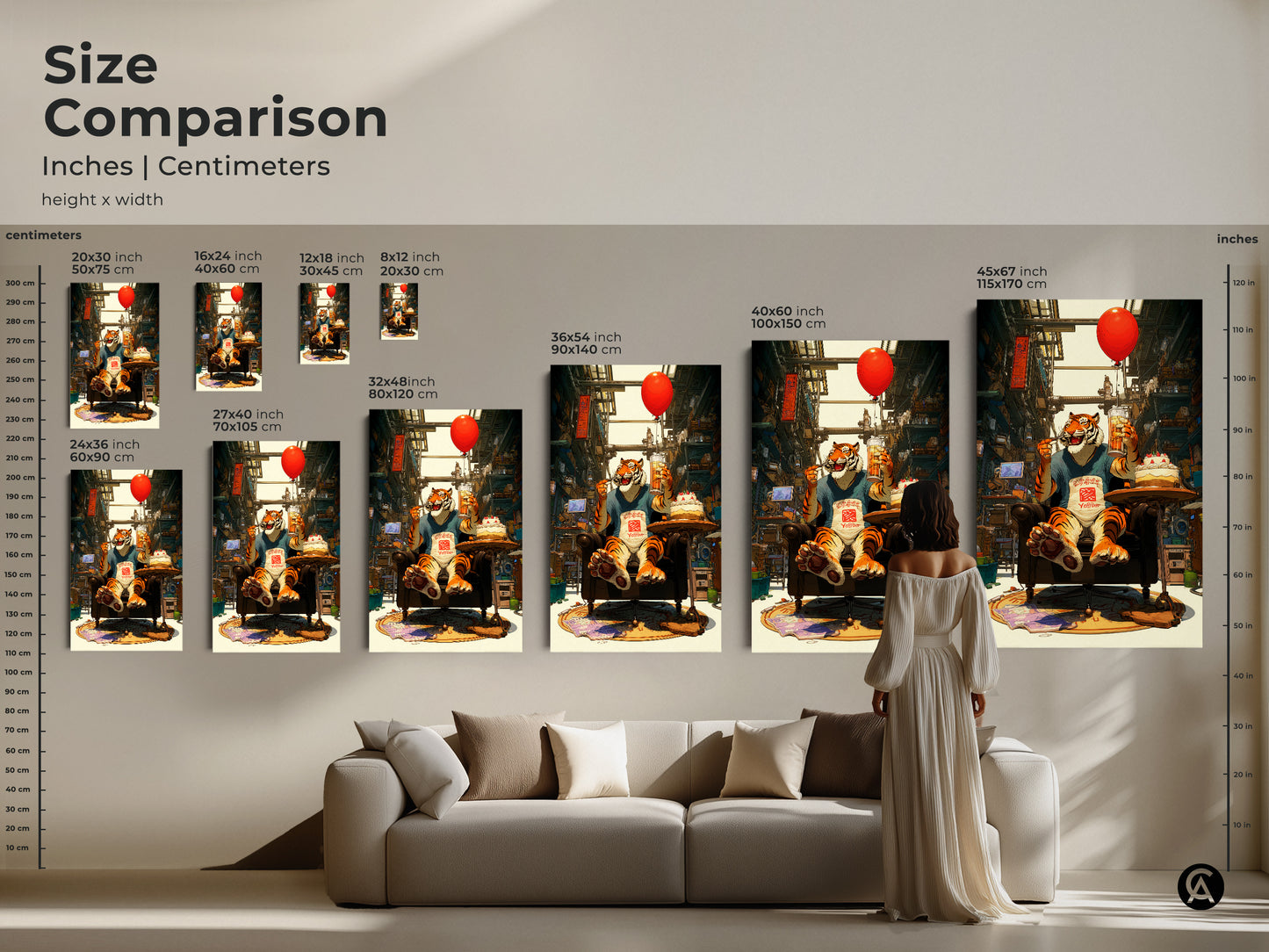 This size comparison chart shows inches and centimeters. The funny tiger office art is shown in various sizes. From 16x24 inch to 45x67 inch. This eclectic birthday gift print is great as office wall decor.