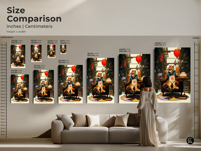 This size comparison chart shows inches and centimeters. The funny tiger office art is shown in various sizes. From 16x24 inch to 45x67 inch. This eclectic birthday gift print is great as office wall decor.