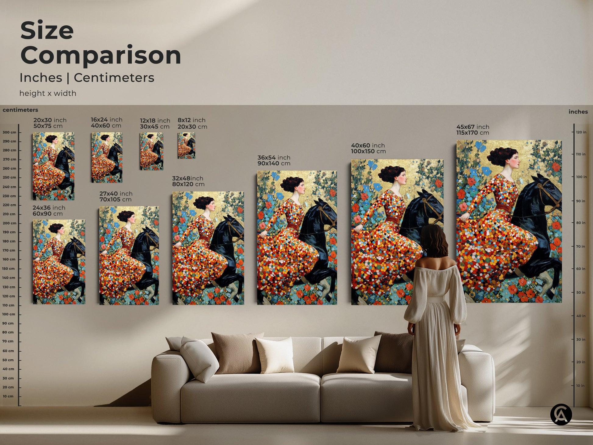 Size comparison of art nouveau woman horse canvas prints. Various sizes are displayed in inches and centimeters. See how the artwork fits above a couch. Find the perfect dimensions for your eclectic bedroom decor. Discover luxury wall art for your home.