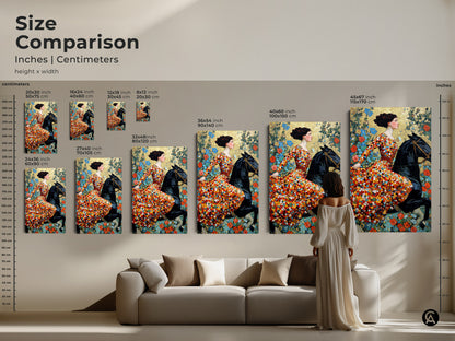 Size comparison of art nouveau woman horse canvas prints. Various sizes are displayed in inches and centimeters. See how the artwork fits above a couch. Find the perfect dimensions for your eclectic bedroom decor. Discover luxury wall art for your home.