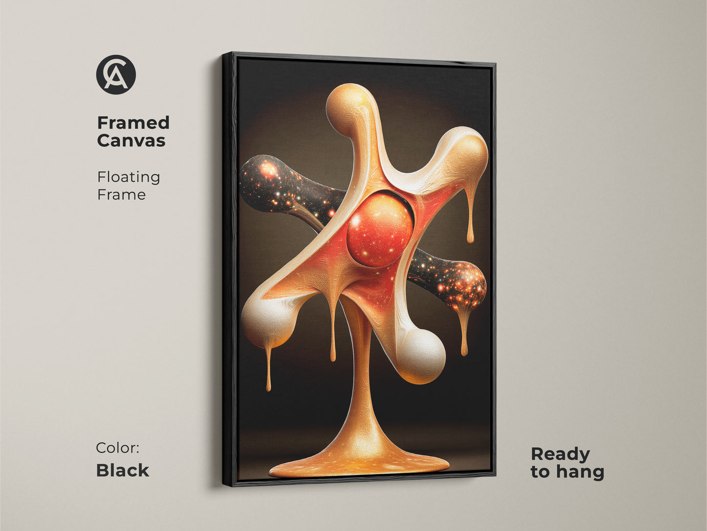 This framed canvas showcases a floating frame with a black finish presenting abstract nebula art. The gold red galaxy print is ready to hang offering an artistic galaxy rendering. This surreal space wall decor brings a modern sci-fi touch to your den or office. It is a unique statement piece.