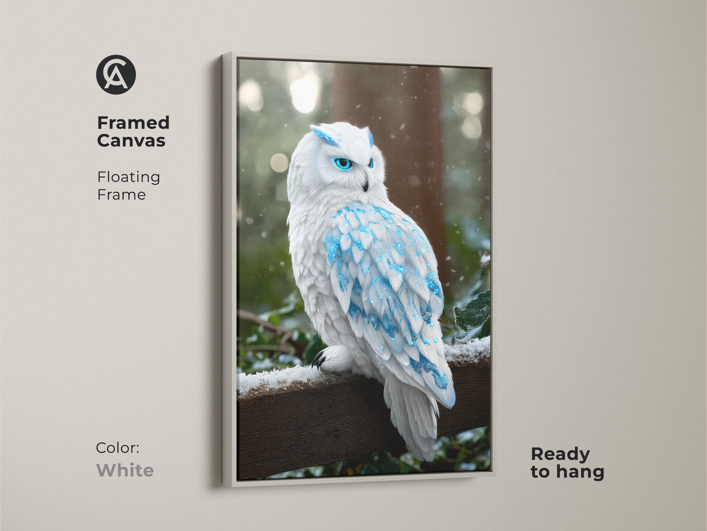 White framed canvas showcasing fantasy snowy owl art. The blue crystal feathers stand out against the winter forest. This arctic owl painting is ready to hang and bring an ethereal touch. Great wildlife decor.