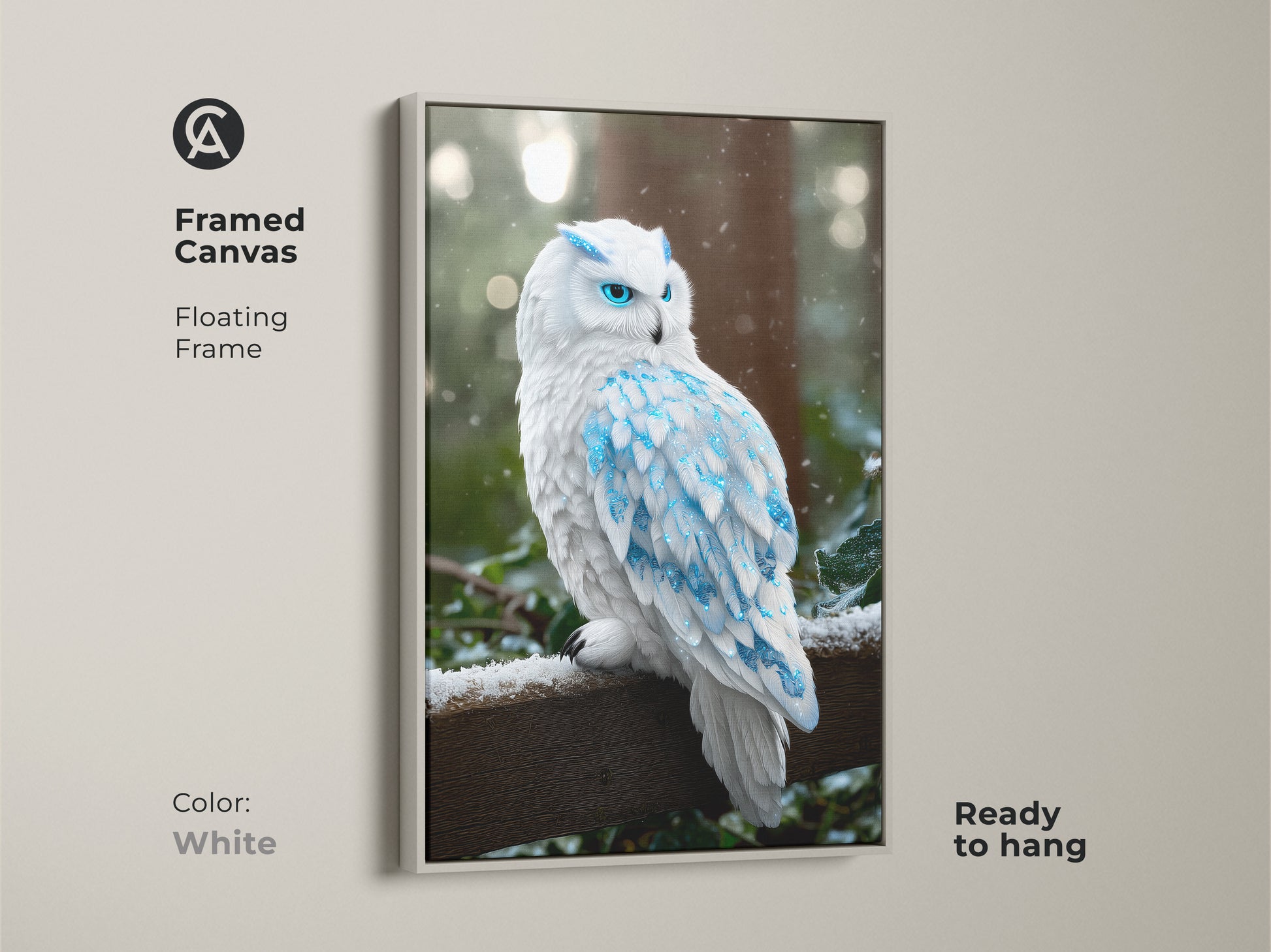 White framed canvas showcasing fantasy snowy owl art. The blue crystal feathers stand out against the winter forest. This arctic owl painting is ready to hang and bring an ethereal touch. Great wildlife decor.