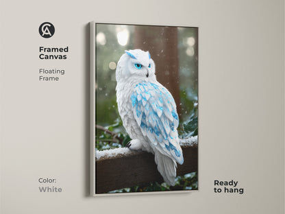 White framed canvas showcasing fantasy snowy owl art. The blue crystal feathers stand out against the winter forest. This arctic owl painting is ready to hang and bring an ethereal touch. Great wildlife decor.